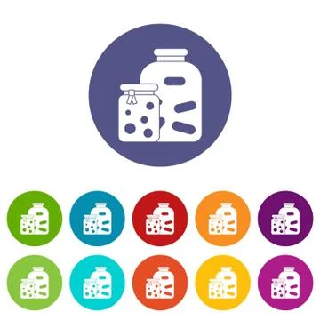 Jars with pickled vegetables and jam set icons Stock Illustration