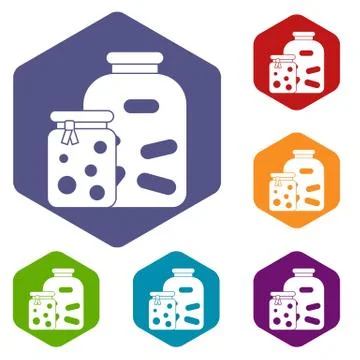 Jars with pickled vegetables and jam icons set Stock Illustration