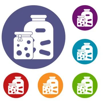 Jars with pickled vegetables and jam icons set Stock Illustration