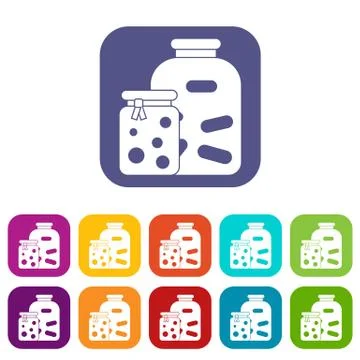 Jars with pickled vegetables and jam icons set Stock Illustration