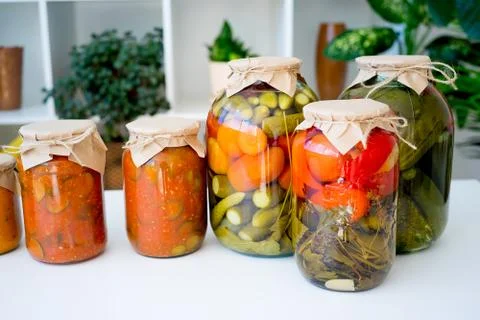 Jars with pickled vegetables Stock Photos
