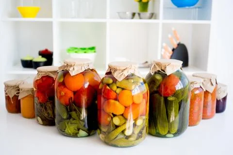 Jars with pickled vegetables Stock Photos