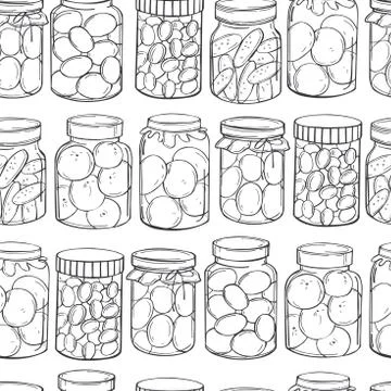 Jars of pickles and  jam. Vector pattern. Stock Illustration