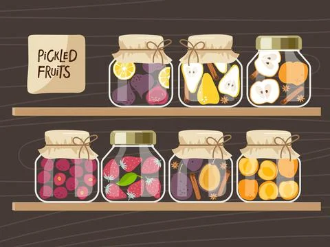 Jars preserved fruit and berries on wooden shelf. Canned food set. Pickled Stock Illustration