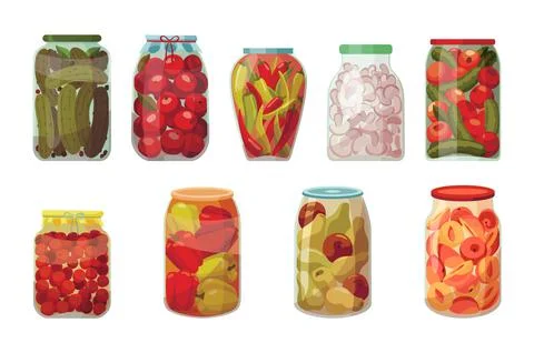 Jars preserved vegetables. Cans of pickled tomatoes, cucumbers and peppers Stock Illustration