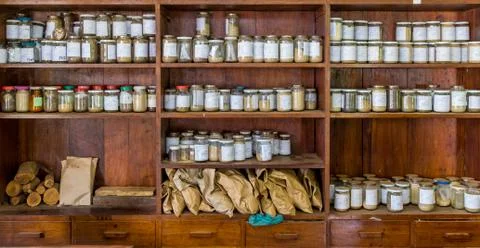 Jars with samples in an old lab Foto stock