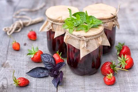 A jars of strawberry jam Stock Photos