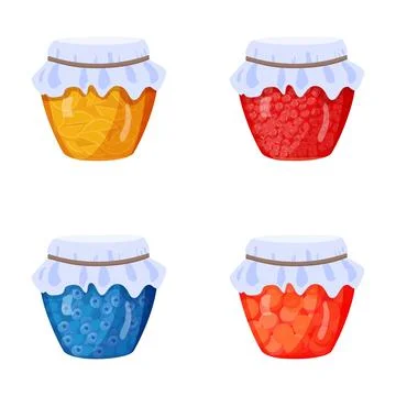 Jars of sweet fruit jam and marmalade with cloth lids Stock Illustration