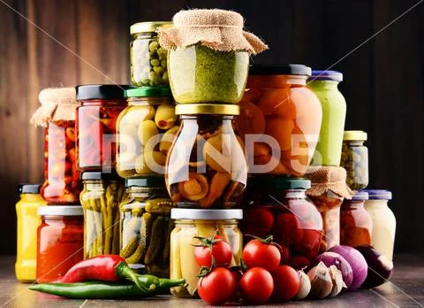 Jars with variety of pickled vegetables. Preserved food Stock Photos