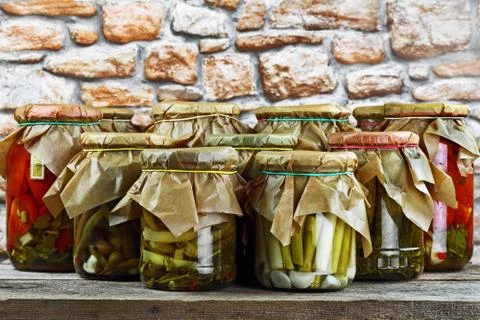 Jars with vegetables colorful Stock Photos