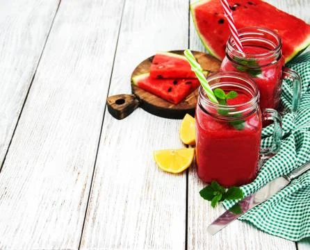 Jars with watermelon smoothie Foto stock