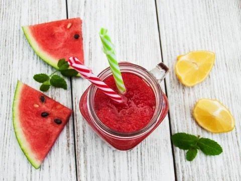Jars with watermelon smoothie Stock Photos