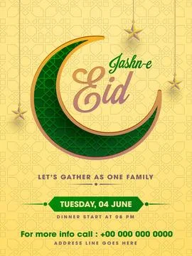Jasne-E- Eid Party or Invitation Card Design with Crescent Moon, Stars Hang.. Stock Illustration