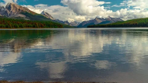 Jasper Maligne Mirror Reflection lake Pebble Shore Time Lapse 4K Stock Footage 136632848