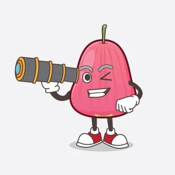 Java Apple cartoon mascot character using a monocular Ilustración de archivo