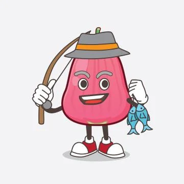 Java Apple cartoon mascot character fishing with 2 fishes Stockillustratie