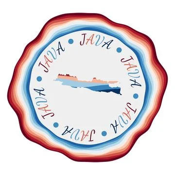 Java badge. Map of the island with beautiful geometric waves and vibrant re.. Ilustração Stock