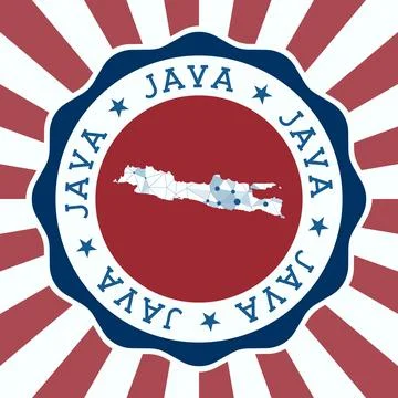 Java Badge. Round logo of island with triangular mesh map and radial rays. .. 스톡 일러스트
