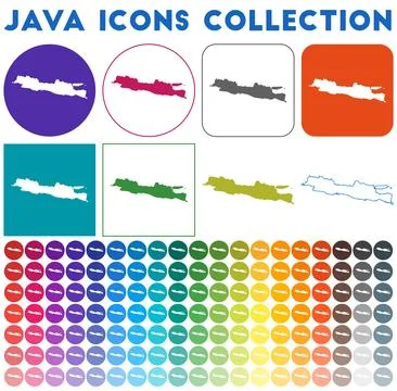 Java icons collection. Bright colourful trendy map icons. Modern Java badge.. Ilustración de archivo