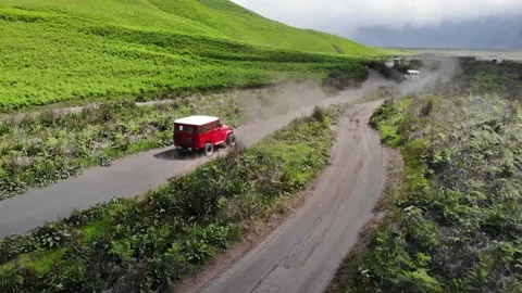 Java Indonesia Bromo green fields landscape 4x4 suv drone 4k Stock Footage 150497382