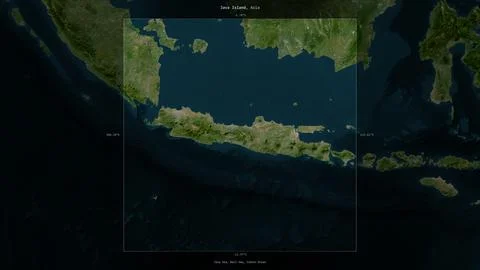 Java Island, Indonesia, highlighted and labelled. Satellite, May 22, 2018 Stock Illustration