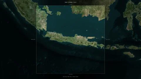 Java Island, Indonesia, highlighted and labelled. Satellite, February 13, 202 Stock Illustration