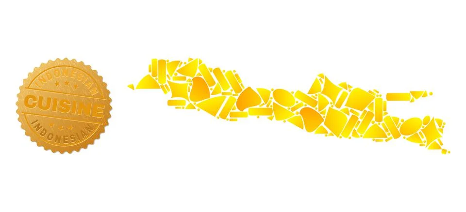 Java Island Map Collage of Golden Items and Metallic Indonesian Cuisine Stamp Stock-Illustration