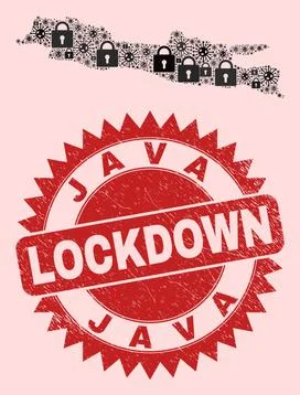 Java Island Map Composition with Locks and Viral Items and Scratched Lockdown Stock-Illustration