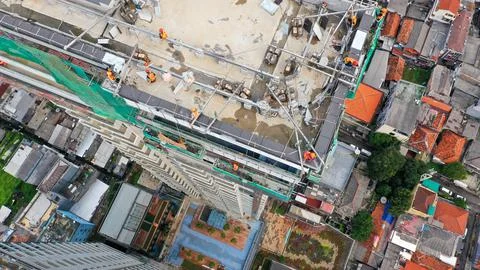 Java, Jakarta, Indonesia, May 20, 2022. Aerial bird down view to workers are Fotos Stock