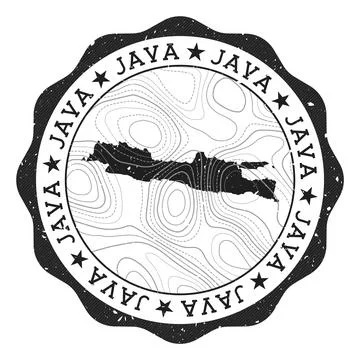 Java outdoor stamp. Round sticker with map of island with topographic isoli.. Stock Photos
