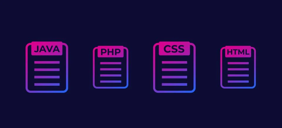 JAVA, PHP, CSS, HTML code vector icons Stock Illustration