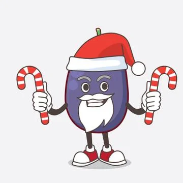 Java Plum cartoon mascot character in Santa costume with candy Stockillustratie