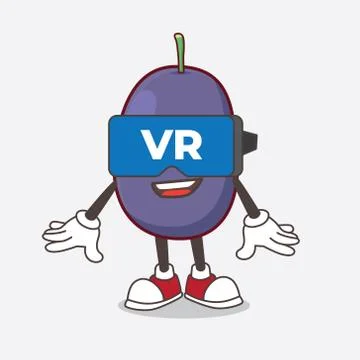 Java Plum cartoon mascot character with Virtual reality headset Stockillustratie