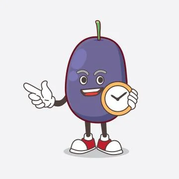 Java Plum cartoon mascot character holding a clock Stock Illustration