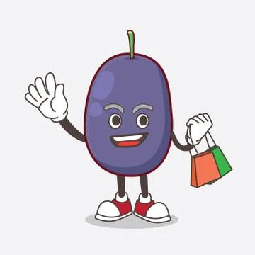 Java Plum cartoon mascot character waving and holding Shopping bag Ilustração Stock
