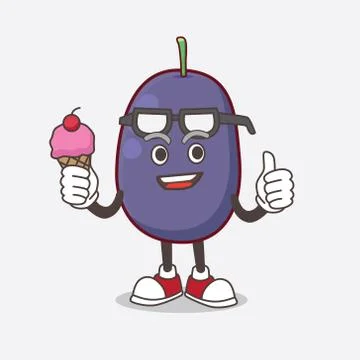Java Plum cartoon mascot character eating an ice cream Stock Illustration
