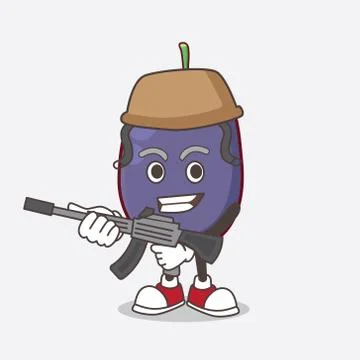 Java Plum cartoon mascot character in an Army uniform with machine gun Stock Illustration