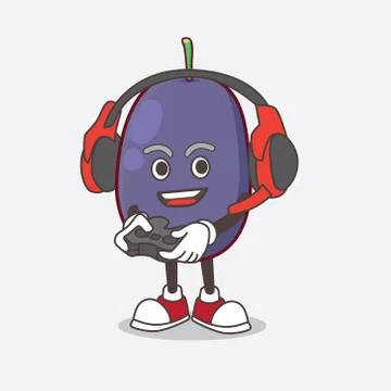 Java Plum cartoon mascot character play a game with headphone and controller Stockillustratie