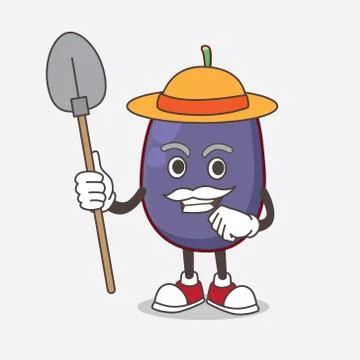 Java Plum cartoon mascot character with hat and farmer tools Stock Illustration