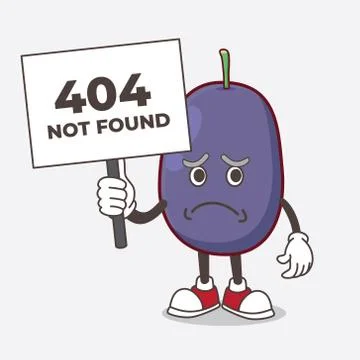 Java Plum cheerless face cartoon mascot character holding a 404 board Stockillustratie