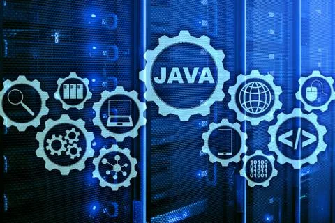 Java Programming concept. Virtual machine. On server room background. Stock Photos