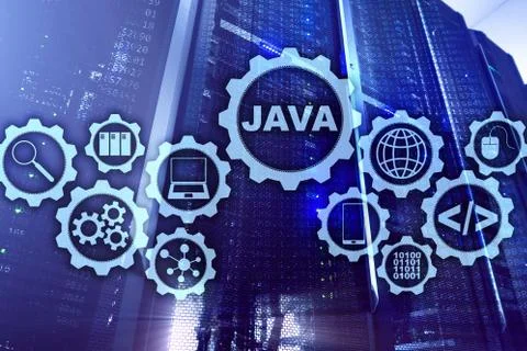 Java Programming concept. Virtual machine. On server room background. Stock Photos