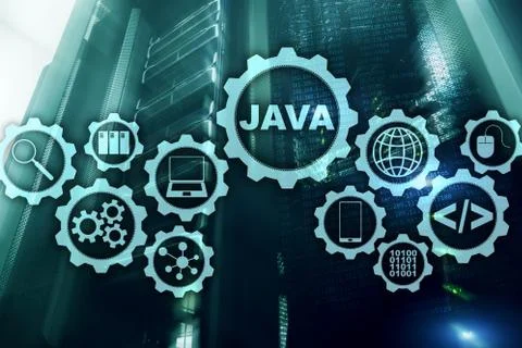 Java Programming concept. Virtual machine. On server room background. Foto stock