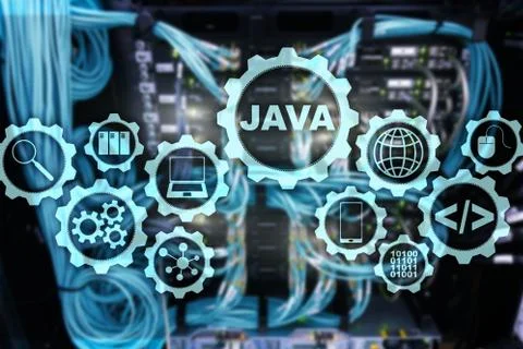 Java Programming concept. Virtual machine. On server room background. Stock Photos