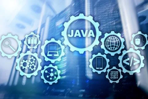Java Programming concept. Virtual machine. On server room background. Stock Photos