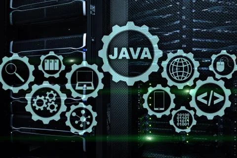 Java Programming concept. Virtual machine. On server room background. Stock Photos