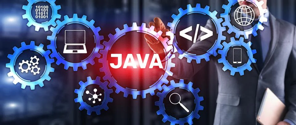 Java programming language and web development concept on virtual screen. Stock Photos