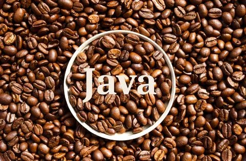Java. Roasted coffee beans in a paper cup lid against the background of beans Stock Photos