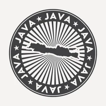 Java round logo. Vintage travel badge with the circular name and map of isl.. 스톡 일러스트