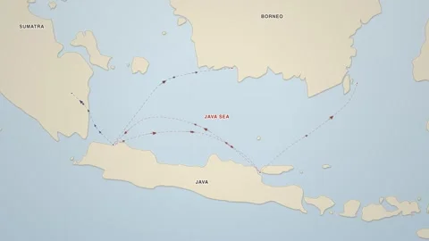 Java Sea Jakarta Surabaya shipping routes vintage atlas map animation seamless Stock Footage 339907840